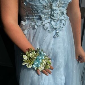 Elegant Light Blue Prom Gown with Floral Details